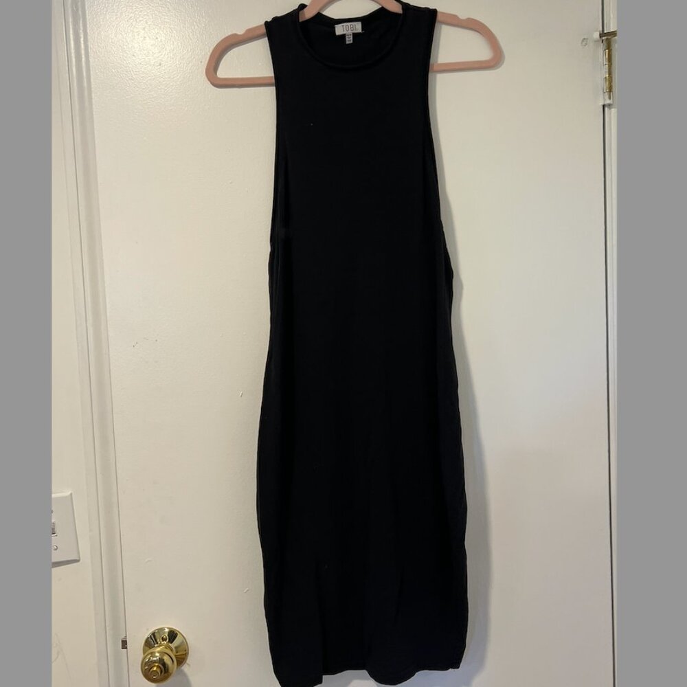 Tobi 94% Cotton Blend True Black midi dress, long side cutout layering dress XS